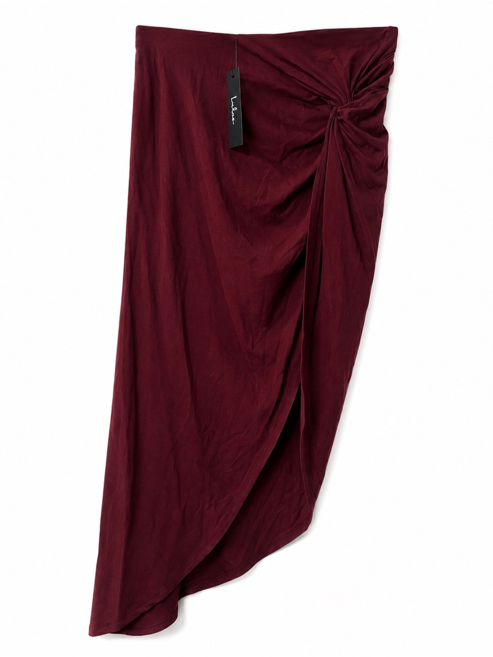 Lulu's Burgundy Asymmetrical Knot Midi Skirt